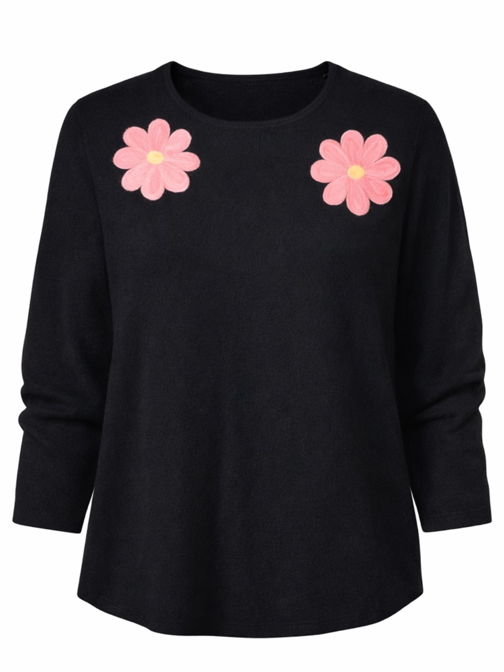 Black Floral Appliqué Top Pink Daisy Long Sleeve Womens Size 3x